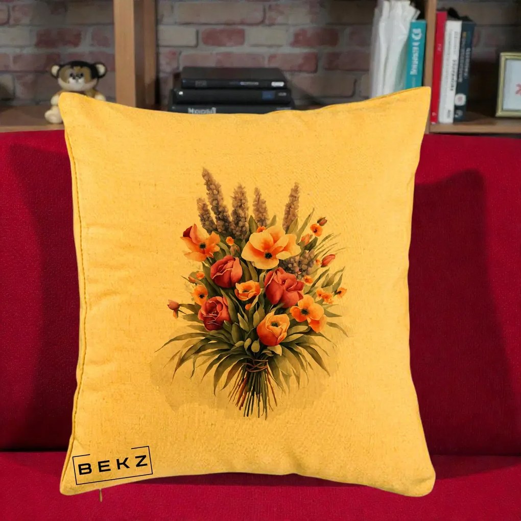 Perna Decorativa Buchet Mixt Acuarela Lavanda-Trandafiri, 40x40 cm, Galben, Husa Detasabila, Perna Inclusa, BEKZ®