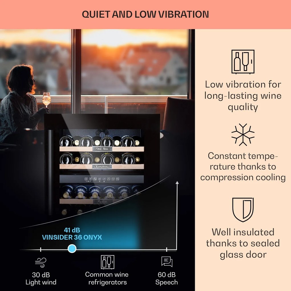 Klarstein Vinsider 36 Onyx Edition, vinotecă, 85 l, 5-22°C, 2 zone.