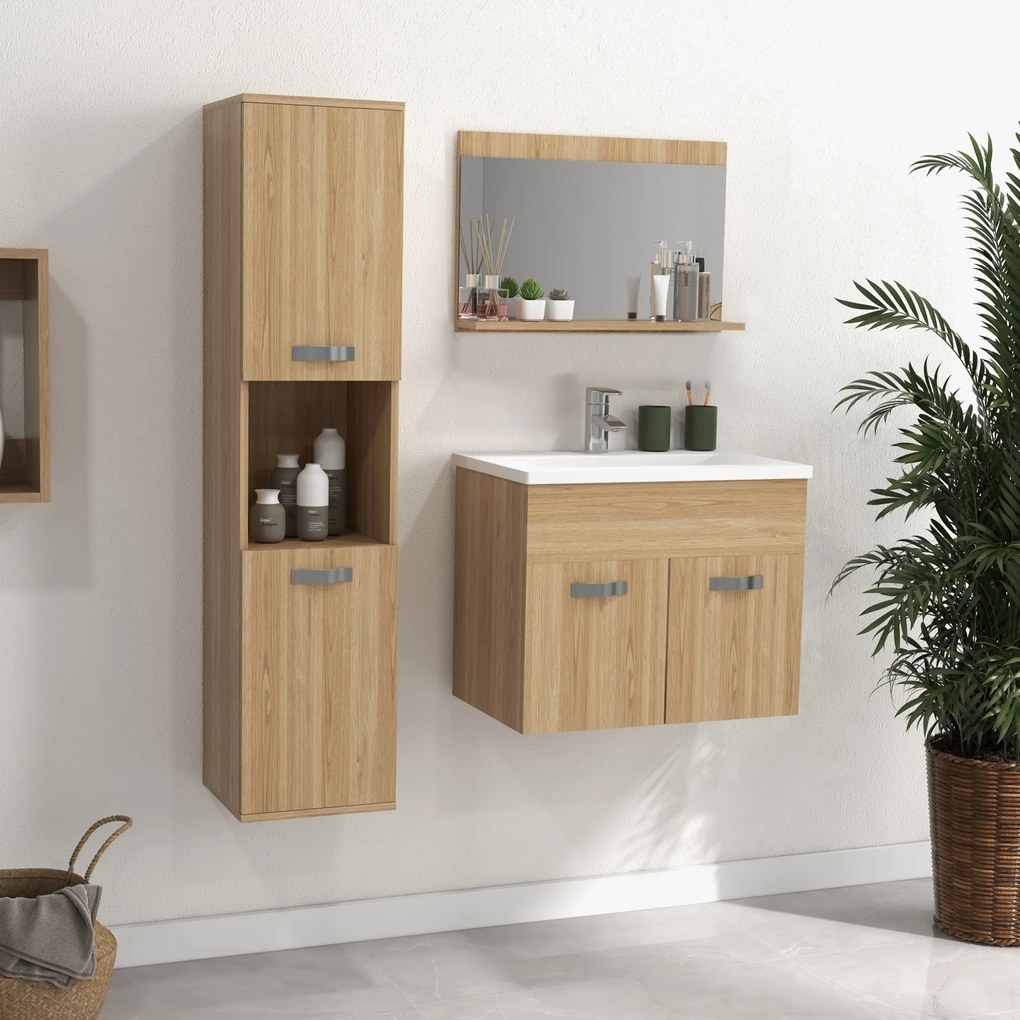 kleankin Set de mobilier de baie oglindă coloană + dulap sub chiuvetă suspendat cu bol, dulap coloană natural | Aosom Romania