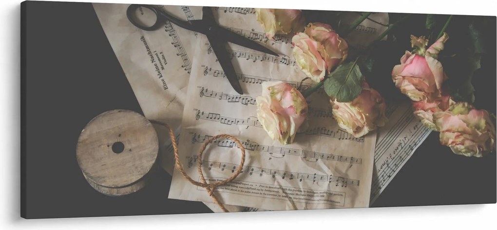 Tablou cu note muzicale și trandafiri (120x50 cm)