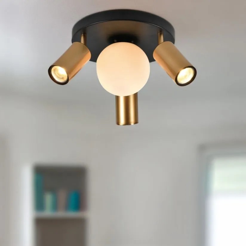 Plafoniera Moderna Klausen Spoty PL4 Metal Negru si Alama 40x16 cm, 4 Surse Iluminat 3xGU10+1xE14 pentru Living, Design Urban Elegant si Durabil