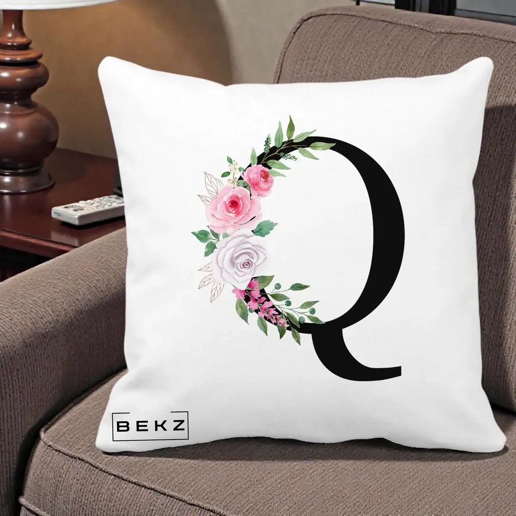 Cadou Personalizat - Perna Personalizata Monograma Florala Litera Q, 40x40 cm, Alba Mata, Husa Detasabila, Perna Inclusa, BEKZ®