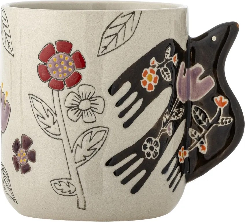 Set 4 cești din ceramică artizanală, natur,pictate manual cu flori stilizate și pasăre, cu toartă sculptată, „Vivielle"