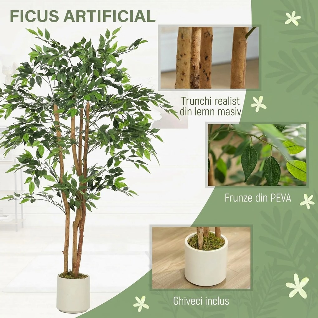 HOMCOM Plantă Artificială Banian din PEVA și Lemn cu Ramuri Modelabile și Ghiveci Alb din PP și Ciment | Aosom Romania