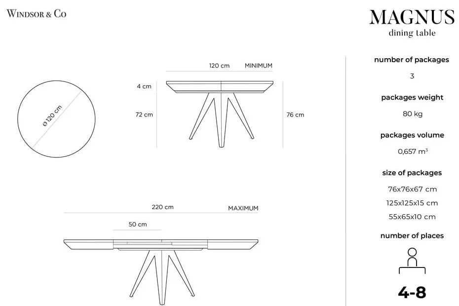 Masă de dining rotundă extensibilă cu blat cu aspect de lemn de stejar cu blat suplimentar ø 120 cm Magnus – Windsor &amp; Co Sofas