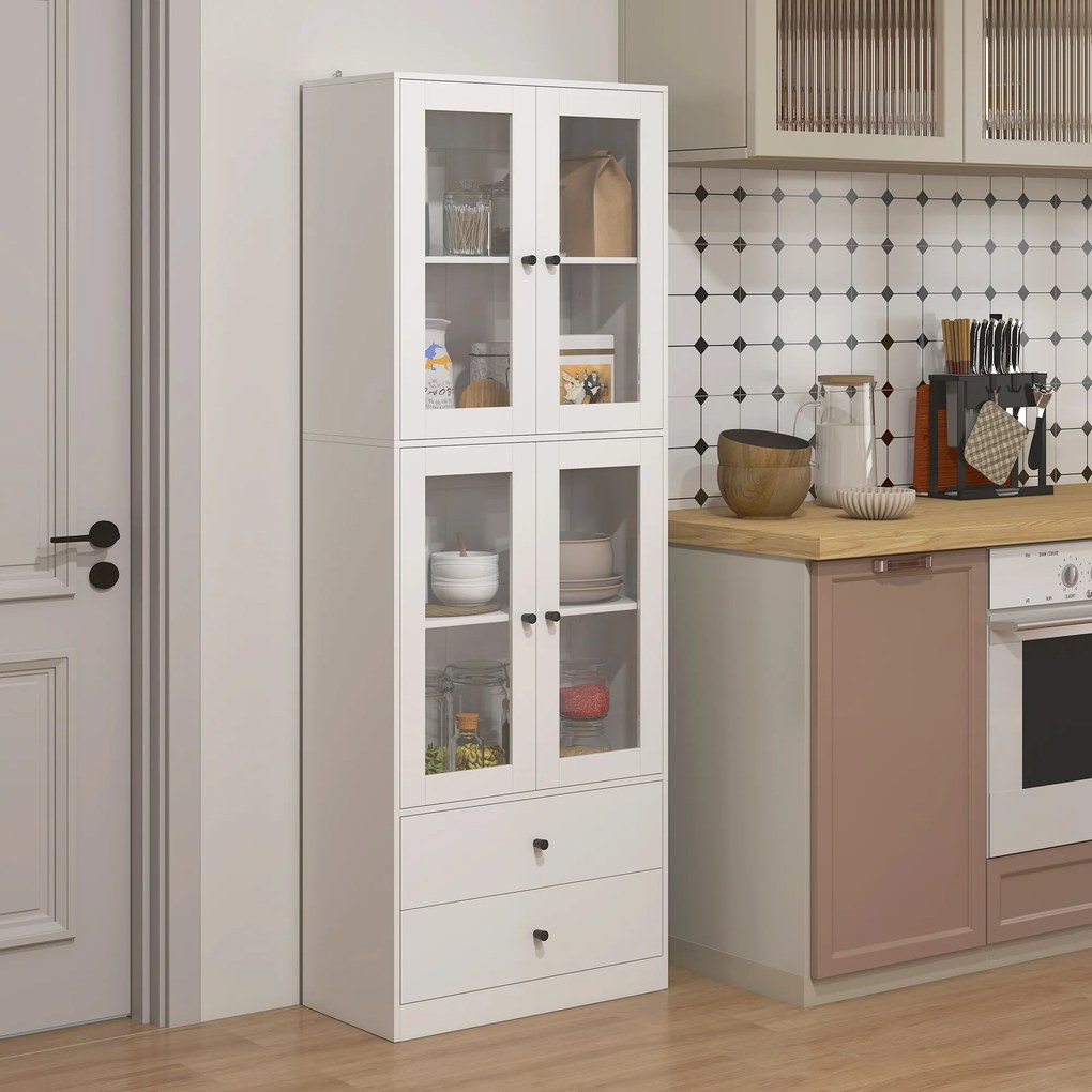HOMCOM Vitrină Înaltă de Bucătărie 170 cm, 4 Uși din Sticlă, 2 Sertare, Polițe Reglabile, pentru Dining și Living, Alb | Aosom Romania