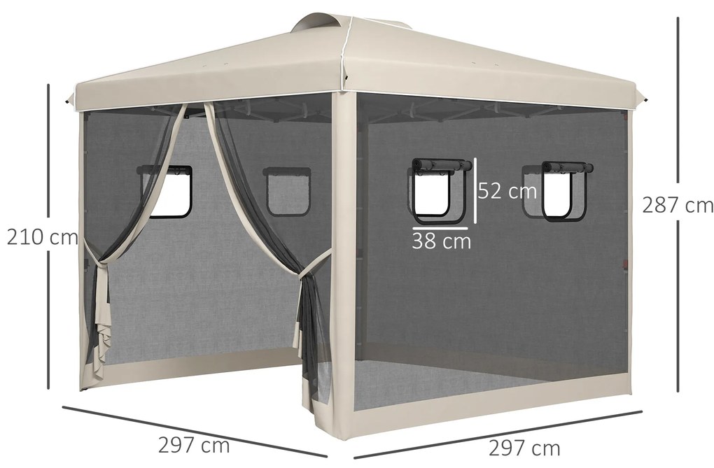 Outsunny Pavilion Pliabil, reglabil în înălțime, perdele de plasă, geantă de transport, structură metalică, 3 x 3 x 3 m, Bej | Aosom Romania