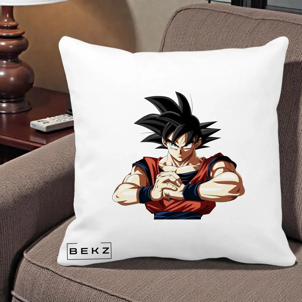 Perna Personalizata Dragon Ball Goku Portret Serios, 40x40 cm, Alba Mata, Husa Detasabila, Perna Inclusa, BEKZ®