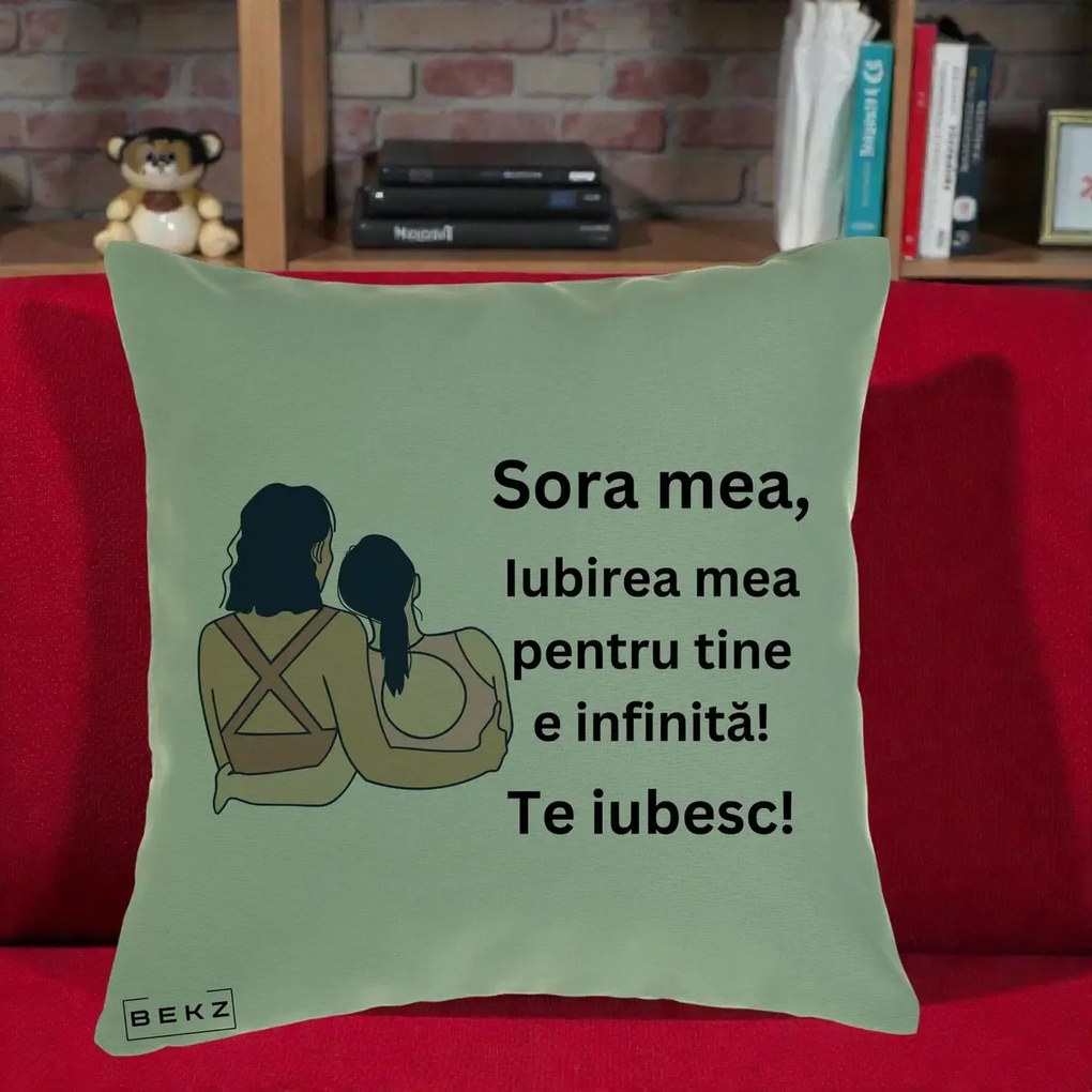 Cadou pentru Sora - Perna Personalizata Sora Mea Te Iubesc Doua Fete Fashioniste Line Art, 40x40 cm, Verde, Husa Detasabila, Perna Inclusa, BEKZ®