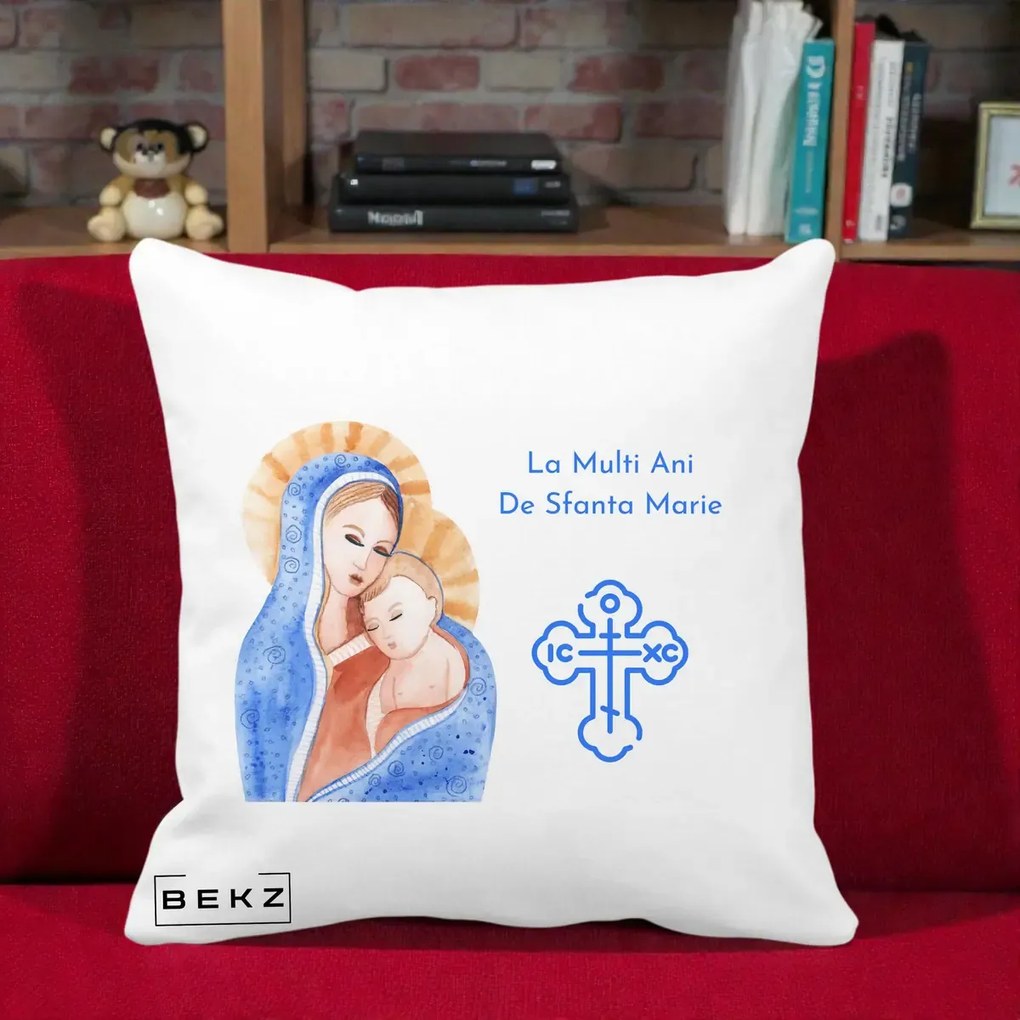 Cadou de Onomastica - Perna Personalizata Sfanta Marie Icoana Acuarela, 40x40 cm, Alba Mata, Husa Detasabila, Perna Inclusa, BEKZ®