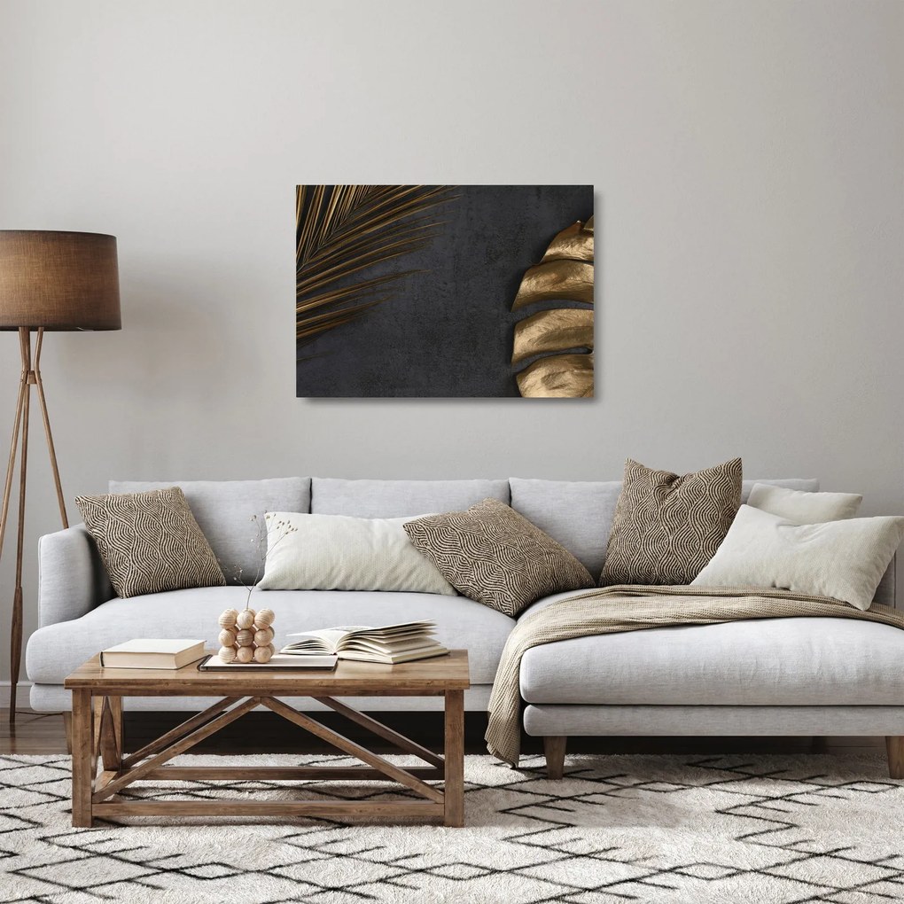 Tablou pe sticlă cu frunze aurii (70x50 cm)
