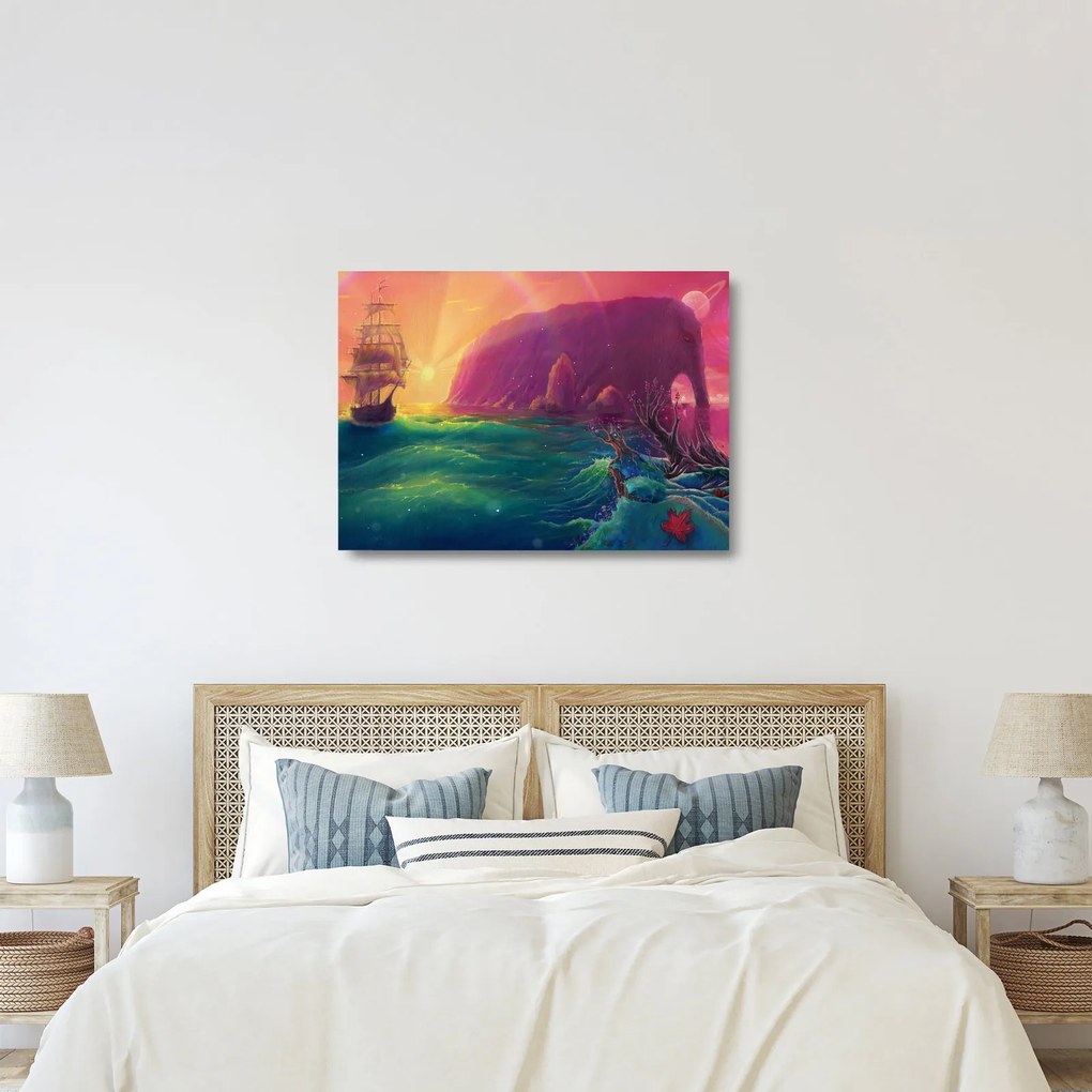 Tablou pe sticlă - Pictură în ulei, călătorie într-un țărăm fantastic (70x50 cm)