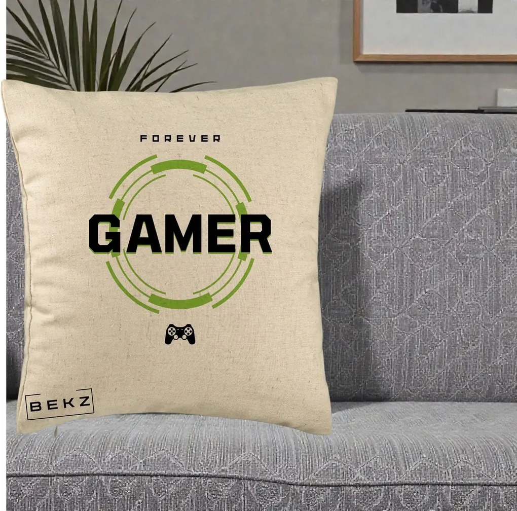Perna Personalizata Forever Gamer, 40x40 cm, Bej, Husa Detasabila, Perna Inclusa, BEKZ®