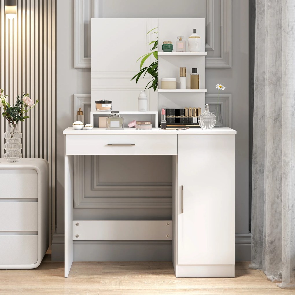 HOMCOM Masuță cu Oglindă de Machiaj din PAL Alb 90x38x138 cm | Aosom Romania