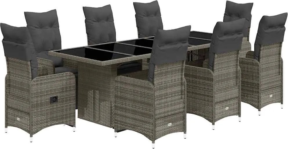 vidaXL Set bistro de grădină cu perne, 9 piese, gri, poliratan