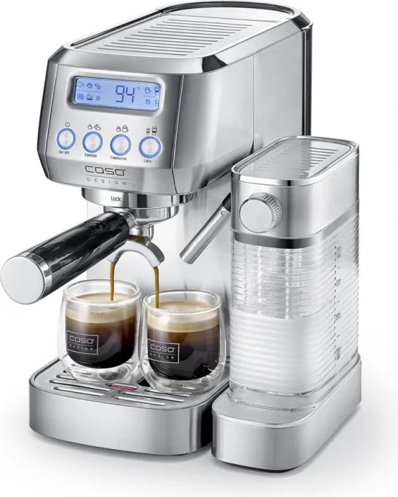 Espressor manual Caso Gourmet Latte, 1350 W, 20 bari, 1,3 l, ULKA, 6 programe, Cafea macinata si paduri ESE, Portafiltru, Spumare lapte cu rezervor incorporat, Otel inoxidabil