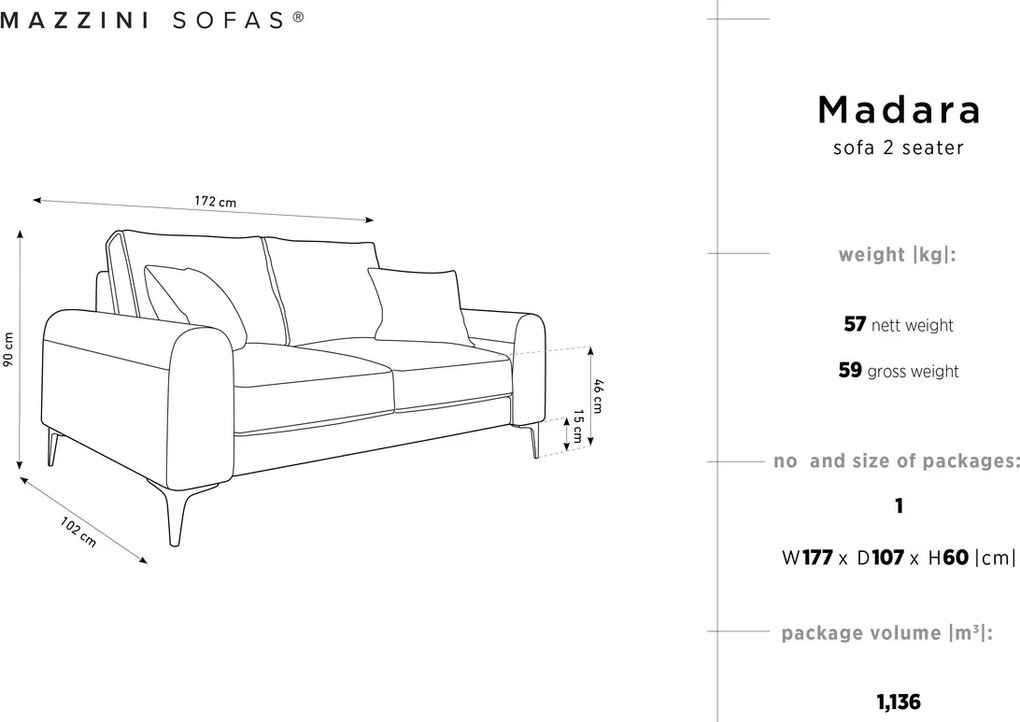 Canapea, Madara, Mazzini Sofas, 2 locuri, 172x102x90 cm, catifea, albastru regal