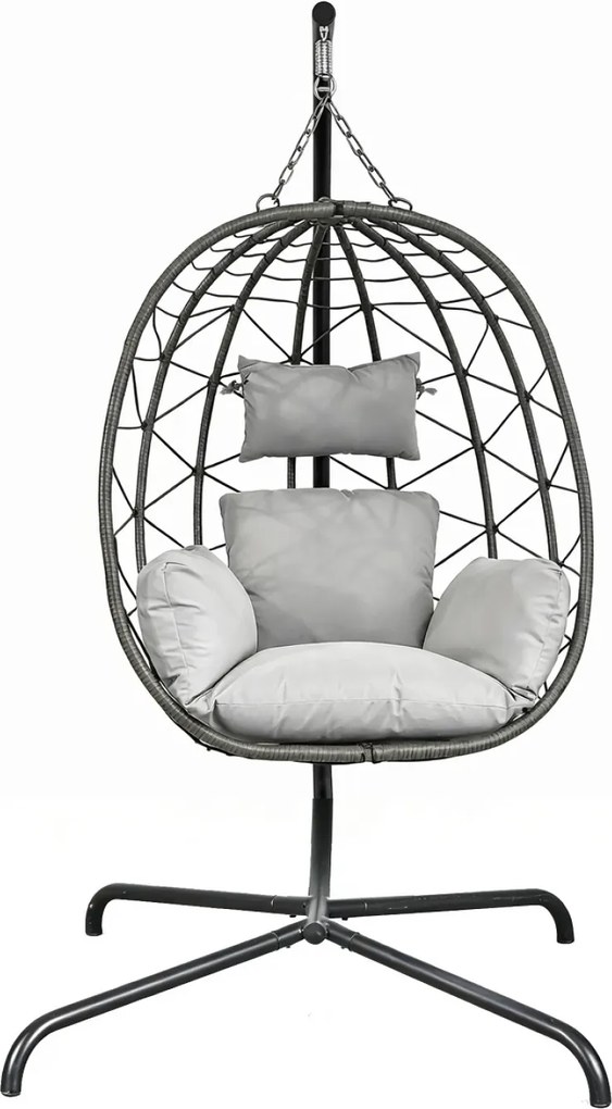 Fotoliu leagan suspendat, cos pliabil, perne moi, rezistent la UV, împletitură PE ratan, structură metalică, pentru interior și exterior, Gri