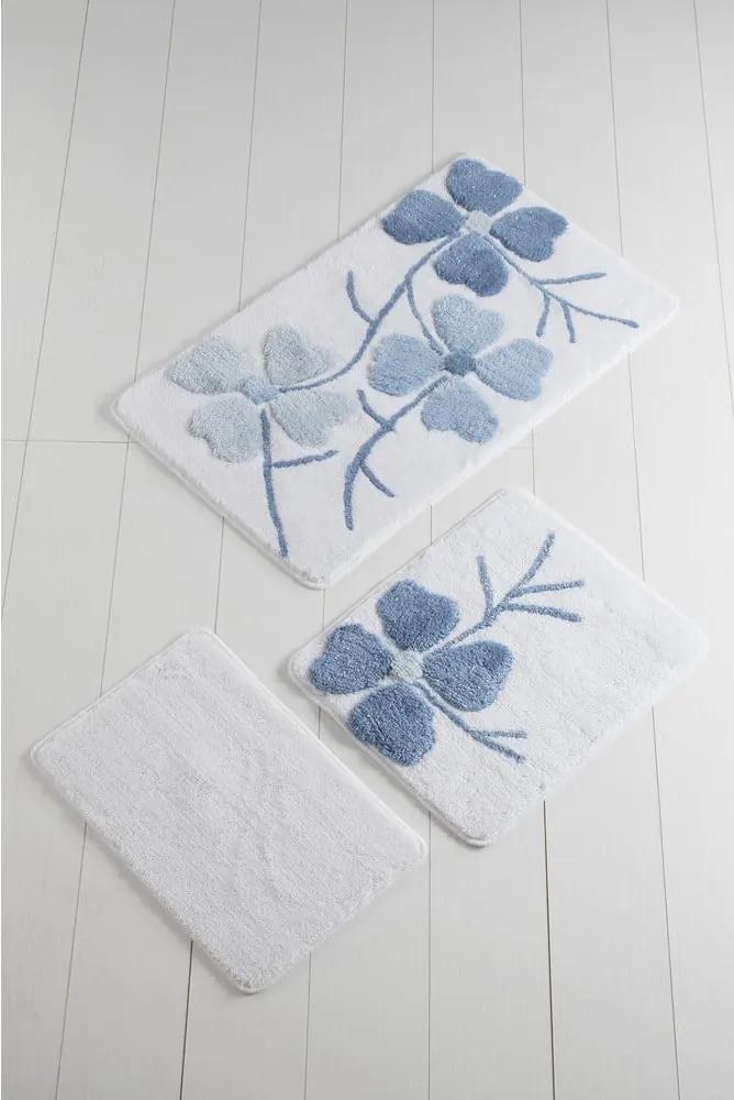 Set 3 covorașe de baie Confetti Bathmats Flowers, albastru - alb