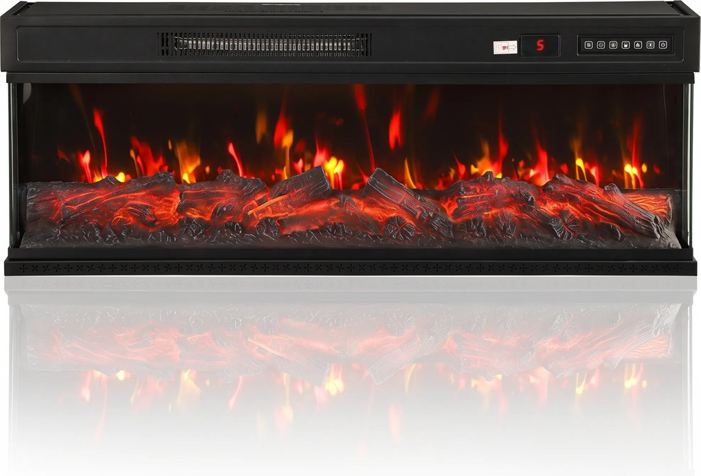 HOMCOM Șemineu Electric de Podea/Încastrabil, 3 Laturi, cu Telecomandă, 750/1500W, Efect Flacără 3D 12 Culori, 5 Niveluri de Luminozitate | Aosom Romania