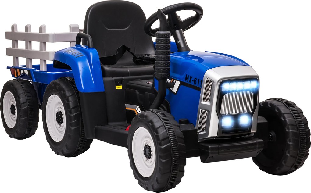 HOMCOM Tractor Electric pentru Copii cu Remorcă Detașabilă, Telecomandă, Port USB, Muzică și Lumini, 3-6 Ani, Albastru | Aosom Romania