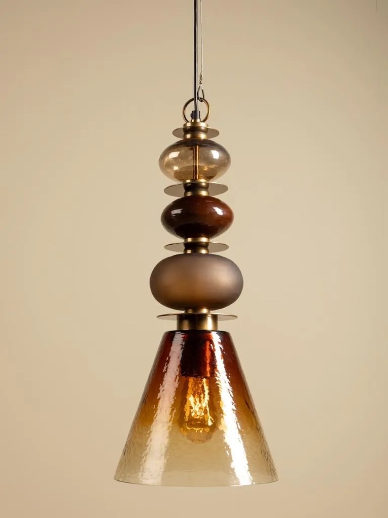 Lustră din sticlă texturată camel cu structură din alamă antichizată cu elemente sferice decorative, formă conică, 65 × 29 cm, „Astrolab"