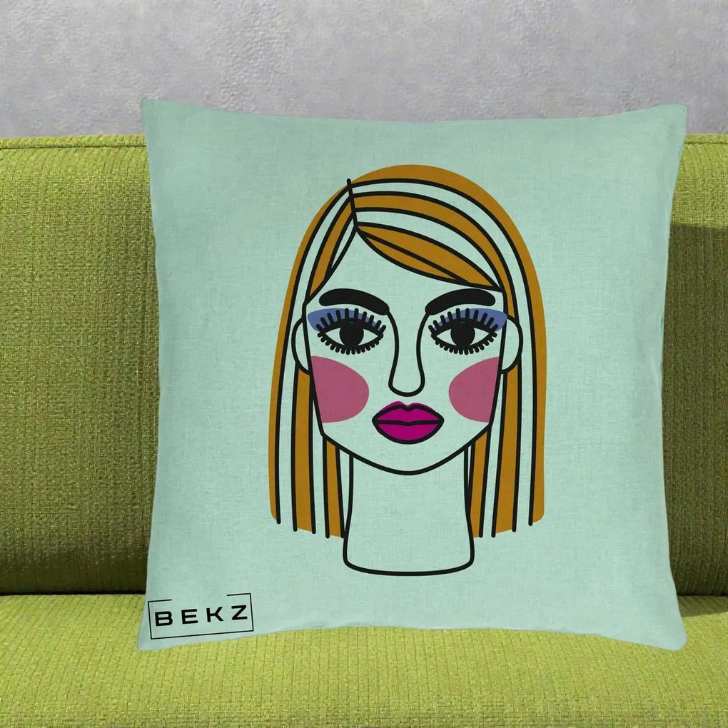 Perna Decorativa Portret Pop Art Fata, 40x40 cm, Verde Menta, Husa Detasabila, Perna Inclusa, BEKZ®