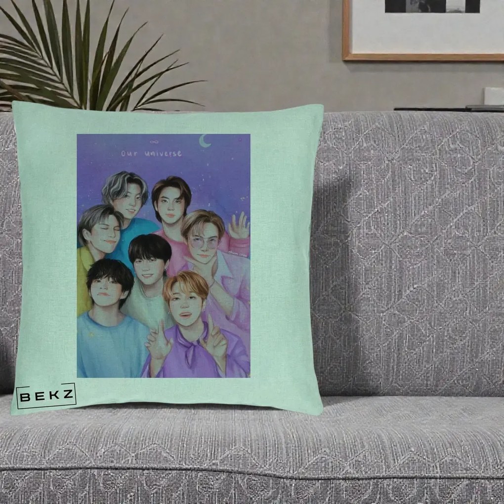 Perna Personalizata K-pop BTS Our Universe Fanart Violet Pastel, 40x40 cm, Verde Menta, Husa Detasabila, Perna Inclusa, BEKZ®