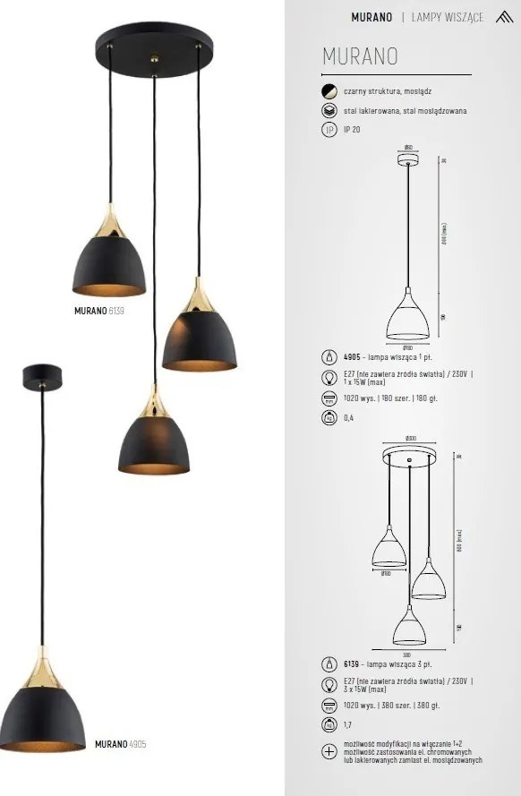 Lustra cu 3 pendule design modern Murano negru, alama 30cm