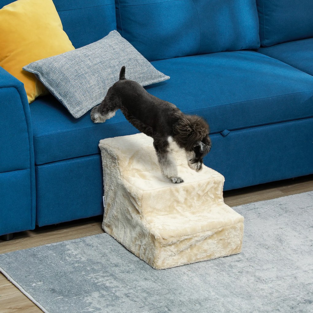 PawHut scară pentru câini cu 3 trepte, pentru câini și pisici de până la 4,5 kg, din catifea detașabilă și lavabilă, bej | Aosom Romania