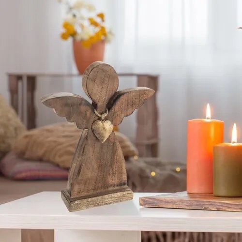 Decor de Crăciun din lemn Orion ANGEL cu inimă demetal