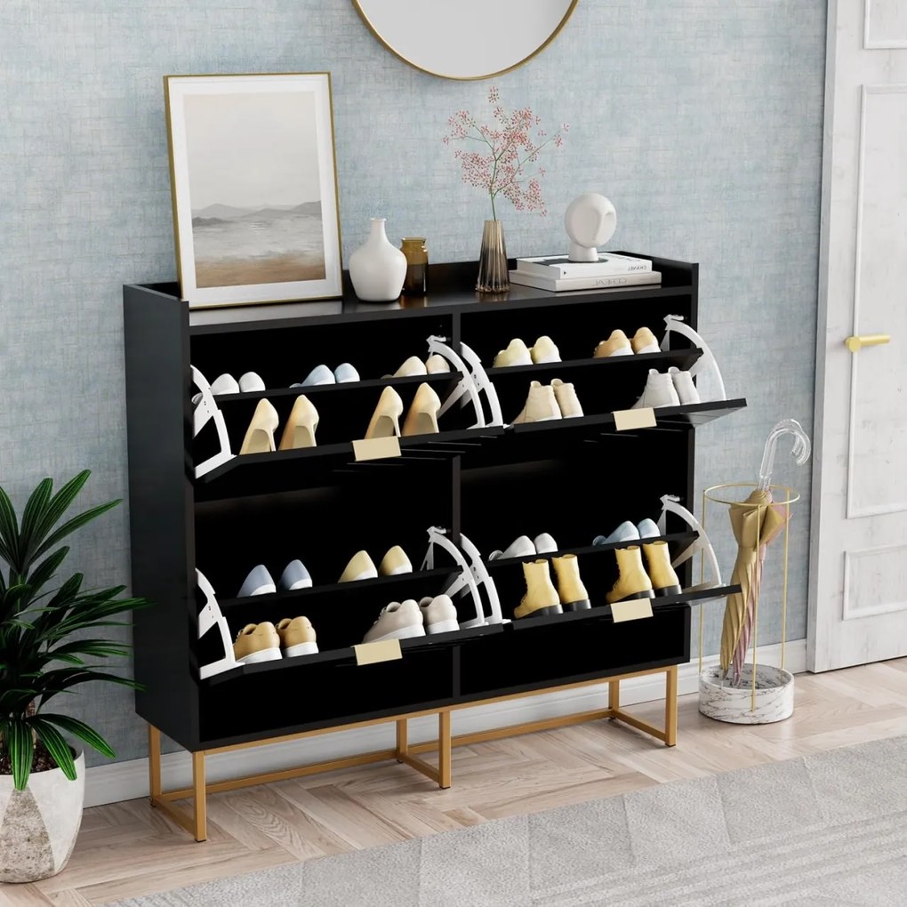 PANN5 - Pantofar 100 cm ingust, 4 compartimente, pantofare, depozitare pantofi, mobilier hol - Negru / Albastru / Gri - Auriu