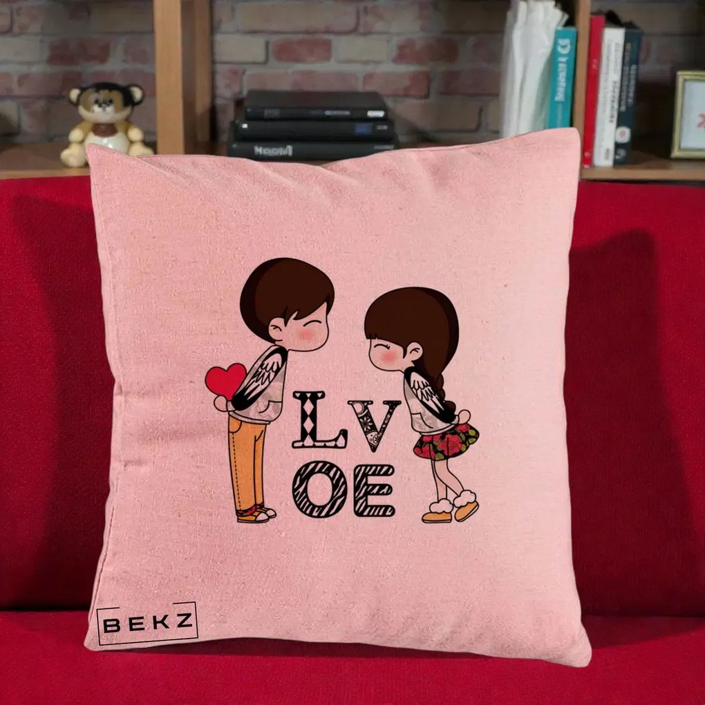 Cadou Romantic - Perna Personalizata Cuplu Kawaii LOVE, 40x40 cm, Roz, Husa Detasabila, Perna Inclusa, BEKZ®