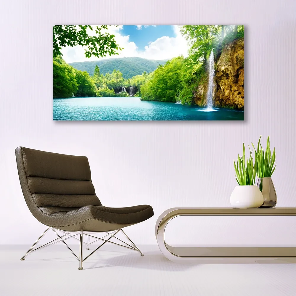 Tablou pe panza canvas Cascada Lacul Copaci Natura Alb Albastru