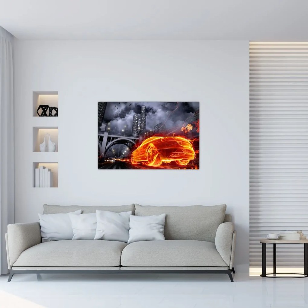 Tablou cu mașina în flăcărată (90x60 cm)