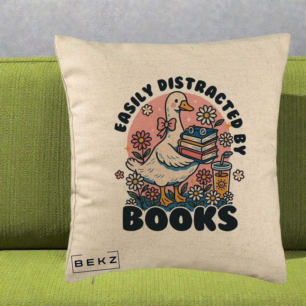 Perna Personalizata Easily Distracted by Books, 40x40 cm, Bej, Husa Detasabila, Perna Inclusa, BEKZ®