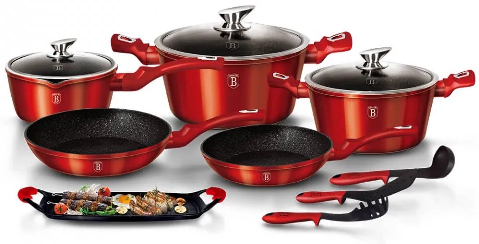 Set oale si tigai marmorate (12 piese) din aluminiu forjat Burgundy Metalic Line Berlinger Haus BH 1695