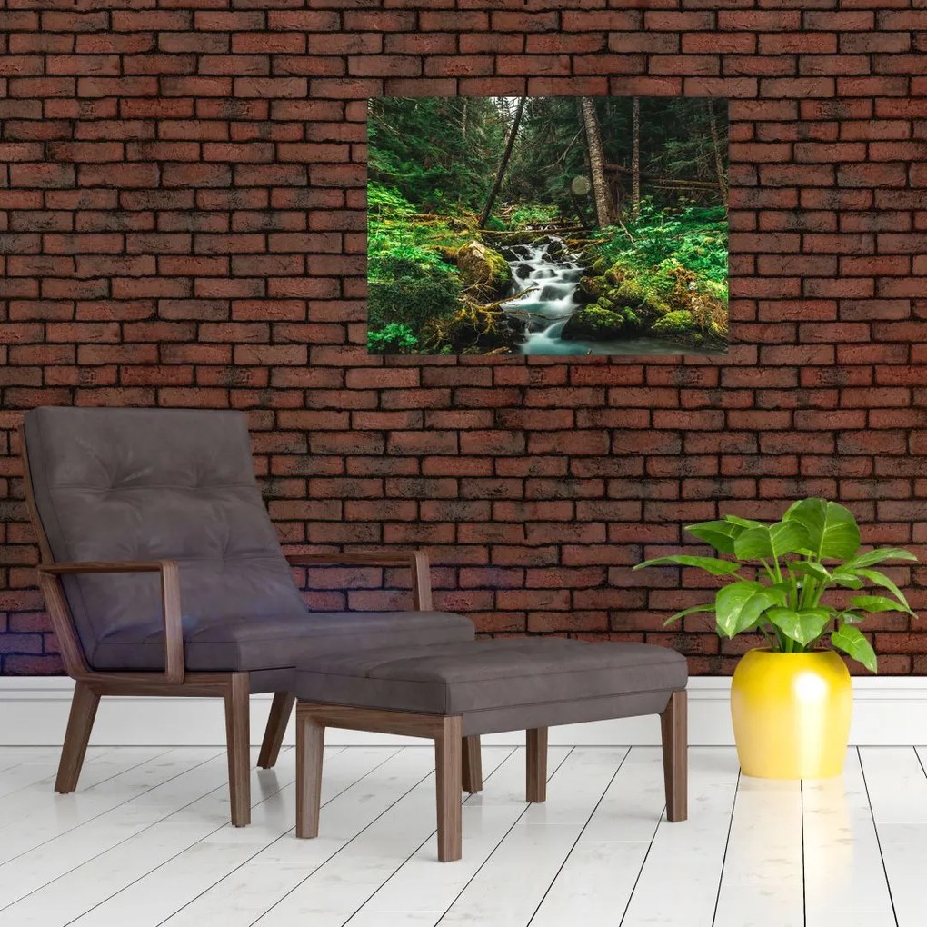 Tablou pe sticlă cu pârău în pădure (70x50 cm)