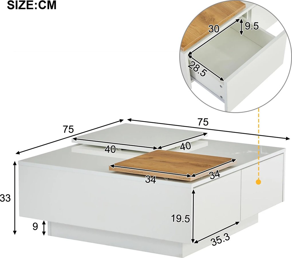 Măsuță de cafea modernă cu finisaj lucios, cu blaturi de masă glisante și 4 sertare, 75x75x33 cm, Alb