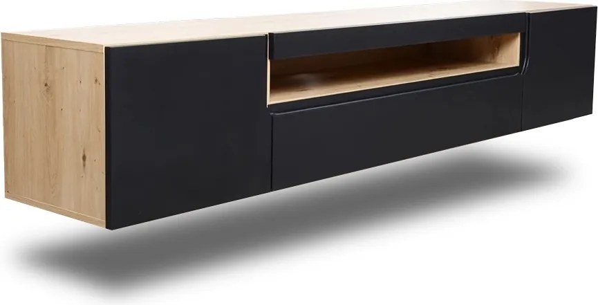 Dulap TV suspendat Loftia 200 cm cu două uși și nișă - artisan / negru mat