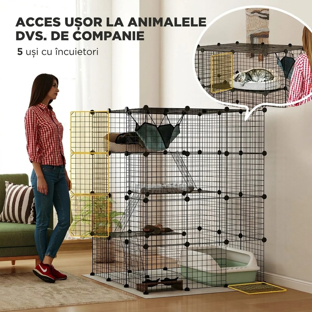 PawHut Căsuță pentru Pisici cu 4 Nivele, 3 Platforme de Sărit, Rampe, 5 Uși și Covoare Antiderapante, 105x105x140 cm, Negru | Aosom Romania