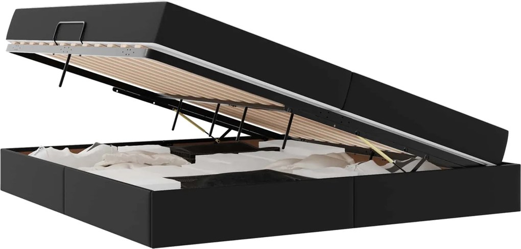 vidaXL Pat cu saltea și spațiu de depozitare 2 pcs Negru Piele