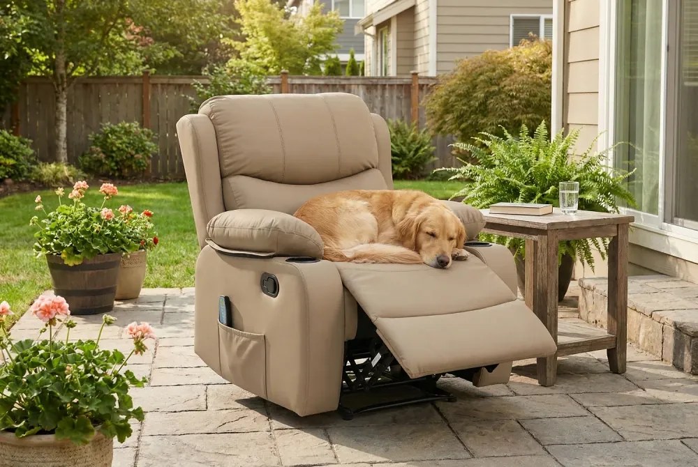 Fotoliu Masaj, Incalzire, rabatabil, sezut cu arcuri metalice, suport picioare extensibil, piele PU, Maro deschis