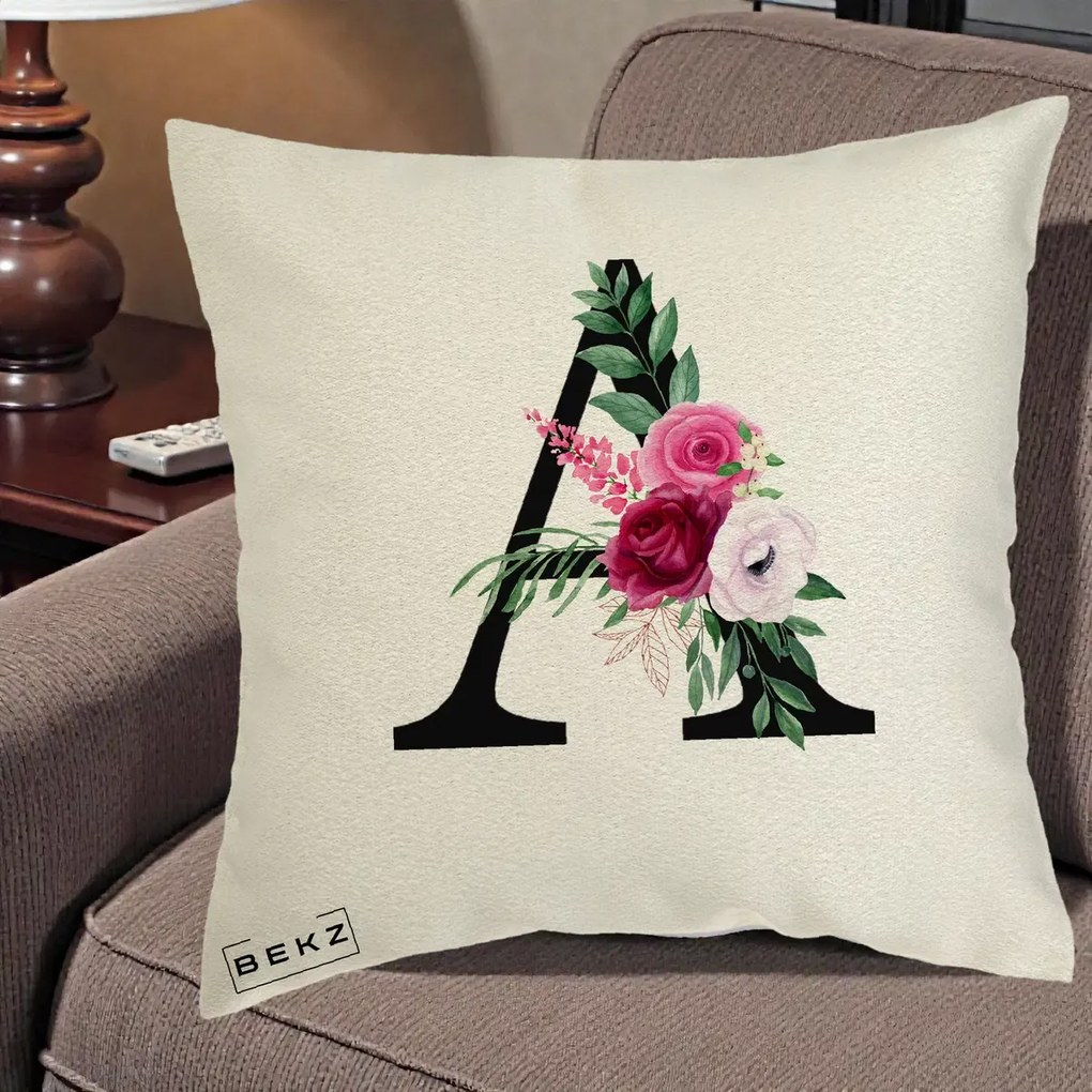 Cadou Personalizat - Perna Personalizata Monograma Florala Litera A, 40x40 cm, Ecru, Husa Detasabila, Perna Inclusa, BEKZ®