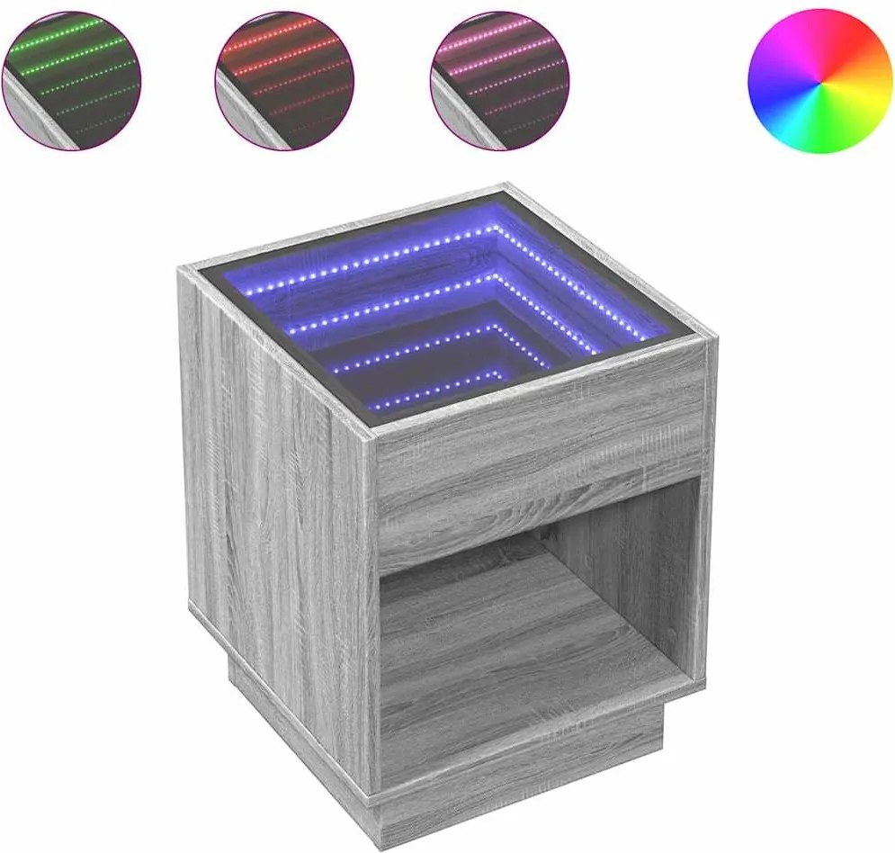 vidaXL Măsuță de cafea cu LED infinity, gri sonoma, 40x40x50 cm