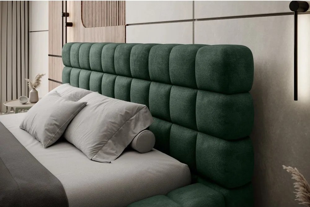 Pat matrimonial verde închis tapițat cu spațiu de depozitare cu somieră 160x200 cm Dizzle – ELTAP