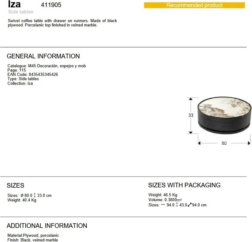 Masuta de cafea rotativa cu sertar Iza negru