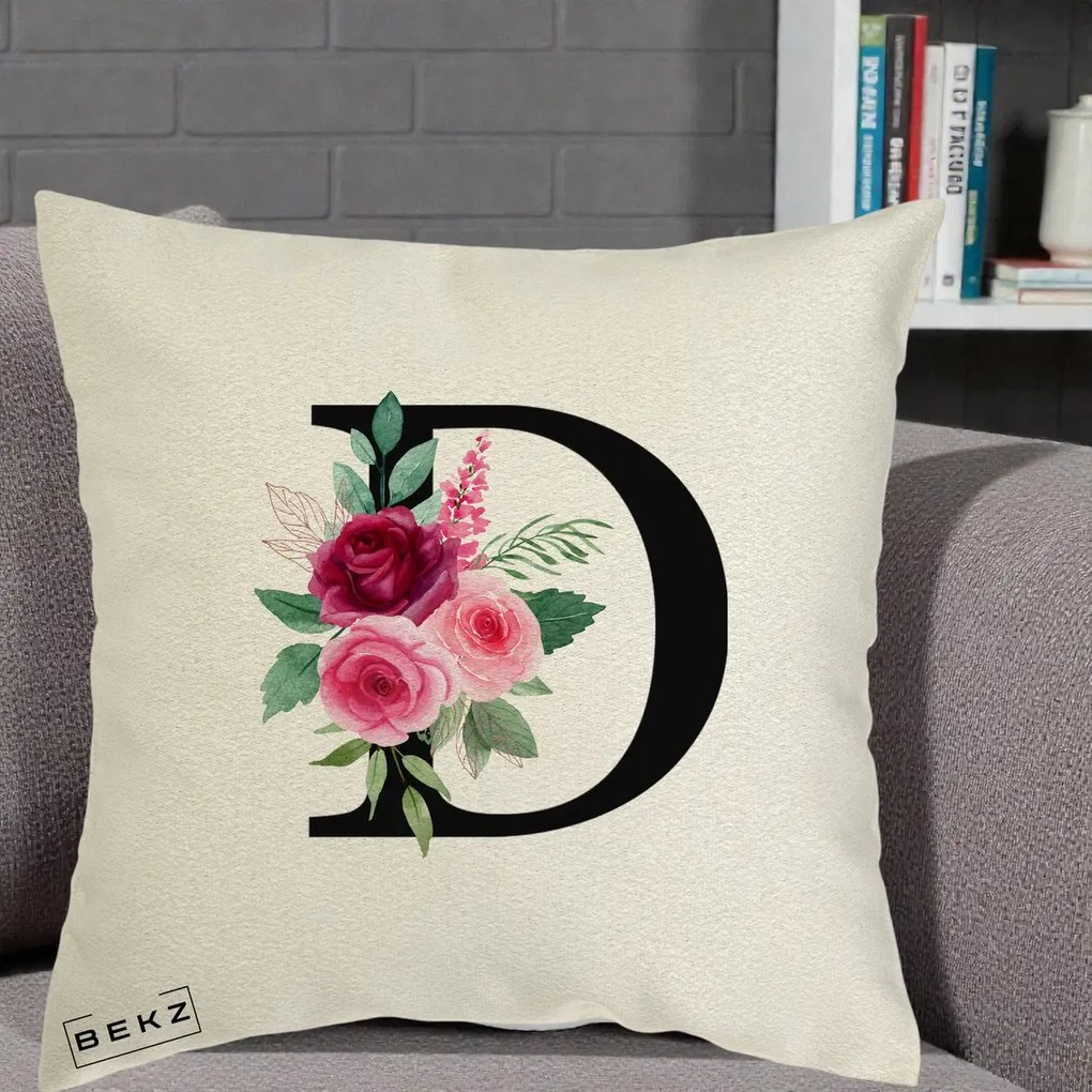 Cadou Personalizat - Perna Personalizata Monograma Florala Litera D, 40x40 cm, Ecru, Husa Detasabila, Perna Inclusa, BEKZ®