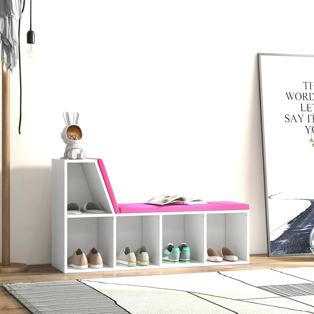 HOMCOM Bibliotecă-bancă 2 în 1 cu 5 compartimente de depozitare și 2 perne 108 x 30 x 60 cm alb roz | Aosom Romania