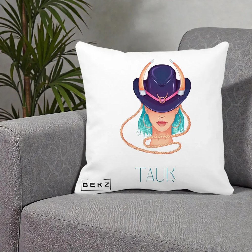 Perna Personalizata Zodie Taur, 40x40 cm, Alba Mata, Husa Detasabila, Perna Inclusa, BEKZ®